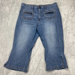 Elite Cropped Jeans Womens 21/22 Blue Denim Faded High‎ Rise Wide-Leg Slit Ankle